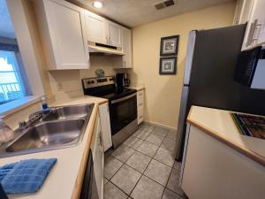 a small kitchen with a sink and a refrigerator at North Shore Inn TC 306 in Traverse City