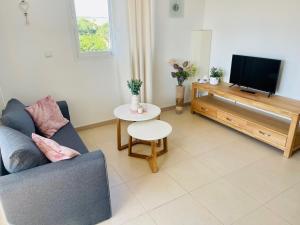 uma sala de estar com um sofá, uma televisão e uma mesa em Apartment Lucy Hacienda Riquelme Golf resort em Múrcia