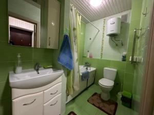uma casa de banho verde com um lavatório e um WC em Однокомнатная квартира напротив Аэропорта Алматы em Turksib