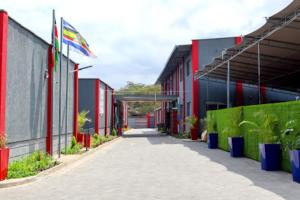 une rue avec des bâtiments rouges et bleus et un drapeau dans l'établissement Blooming Suites, à Naivasha