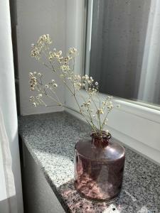 Ferienwohnung im Sand في هيربلتسهايم: مزهرية بها زهور تجلس على حافة النافذة