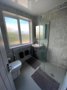 ein Badezimmer mit Dusche, Toilette und Waschbecken in der Unterkunft Corner Retreat Holiday Let Seahouses in Seahouses
