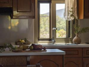 a kitchen with a sink and a counter with fruit on it at Santa Maria - Seaside Serenity in Ierápetra