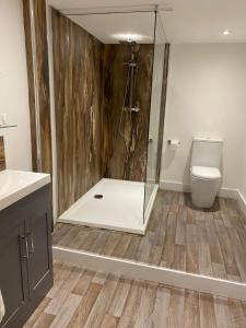 a bathroom with a shower and a toilet at The Nash Suite - one minute walk to beach in Brighton & Hove