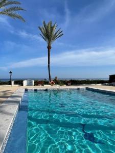una piscina con una palmera en el fondo en GOLDEN MILE FRONT LINE BEACH RESORT en Marbella