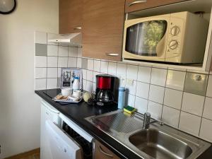 eine Küche mit einer Spüle und einer Mikrowelle in der Unterkunft Olydea Oleron les Sables Vignier in Saint-Georges-dʼOléron