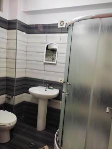 y baño con lavabo, aseo y ducha. en ALPHA CITY CENTER APARTMENT, en Shkodër