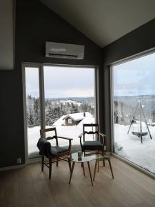 LiagardaneにあるStor og moderne hytte med panoramautsiktの窓際の椅子2脚とテーブルが備わる客室です。