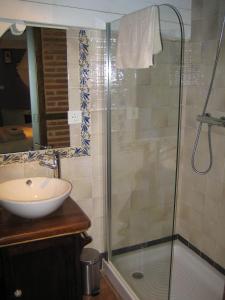 a bathroom with a sink and a glass shower at La Serranilla in San Esteban de la Sierra