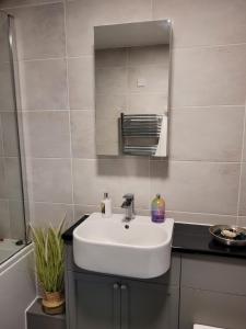 a bathroom with a white sink and a mirror at Comfortable Two Bedroom Modern Apartment in London