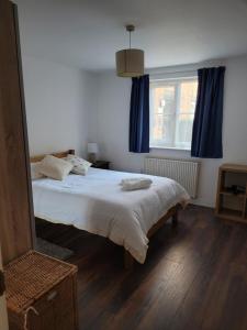 sypialnia z łóżkiem i oknem z niebieskimi zasłonami w obiekcie Comfortable Two Bedroom Modern Apartment w Londynie