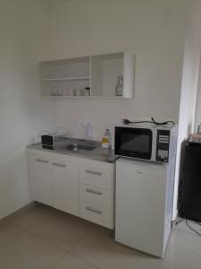 a small kitchen with a microwave and a sink at Studio bem localizado. in Curitiba
