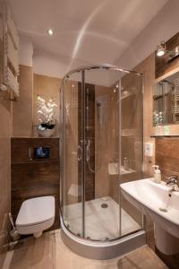 ein Bad mit einer Dusche, einem WC und einem Waschbecken in der Unterkunft Hotel Pod Jesiotrem in Łabiszyn