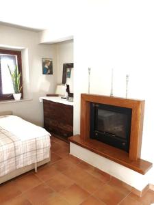 a bedroom with a fireplace and a bed and a television at Agriturismo nelle Marche in Montalto delle Marche
