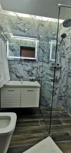 W łazience znajduje się prysznic, toaleta i umywalka. w obiekcie Hazmurat Hotel w Gjirokastrze
