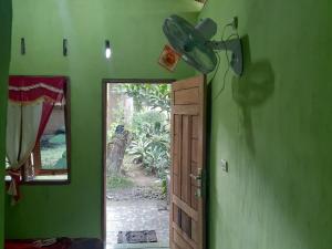 Habitación verde con puerta y espejo en Jhony's Backpacker-Guest House, en Bukit Lawang