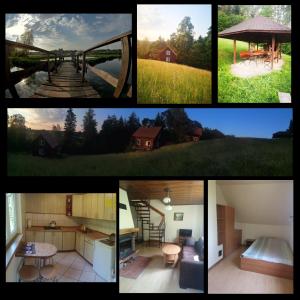 a collage of pictures of different houses andyards at BieszczadzkaDolina in Zagórz