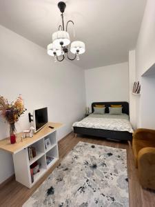 a bedroom with a bed and a chandelier at GREEN Apartment in Riga