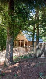 a house behind a fence with a tree at Cabane Salamandre in Saint-Éloy-les-Tuileries