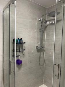 a shower with a glass door in a bathroom at Kingdom apartments in Wolverhampton