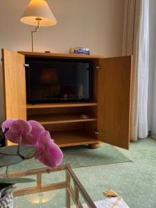 a living room with a tv and a flower on a table at Appartements Gloeser in Badenweiler