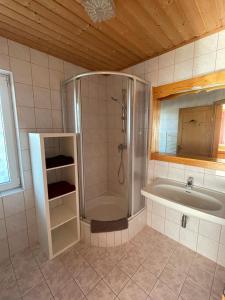 a bathroom with a shower and a tub and a sink at Haus Gruber in Feldkirchen in Kärnten