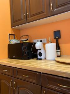 a kitchen counter with a microwave on a counter top at Libau Apartment in Liepāja