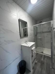 a white bathroom with a sink and a shower at Winnie's Lodge in Galway