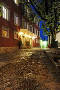 a cobblestone street in front of a building at night at Boutique Hotel Kaštel in Motovun