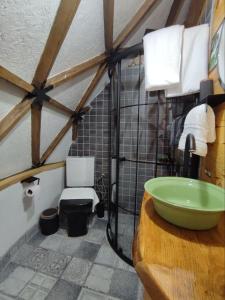 a bathroom with a green sink and a toilet at Siya dome & glamping in Çamlıhemşin