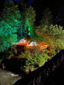 a night view of a building with lights in the trees at Siya dome & glamping in Çamlıhemşin