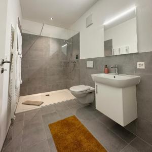 a bathroom with a sink and a toilet and a shower at Hotel Rätia in Ilanz