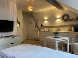 1 dormitorio con 1 cama, TV y mesa en Weberhof Apartment 6, en Münster