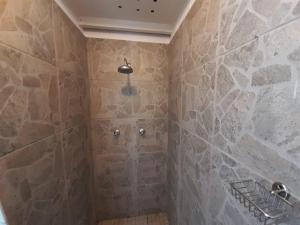 a bathroom with a shower with a stone wall at Lemberg Wine Estate in Tulbagh