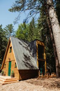 eine kleine Holzhütte mit schwarzem Dach in der Unterkunft Chata Elske 