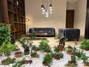 ein Wohnzimmer mit einem Sofa und einem Haufen Pflanzen in der Unterkunft EPIGRAPH Design Hotel in Tbilisi City