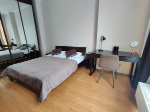 1 dormitorio con escritorio, 1 cama y escritorio en Vodogray apartments, en Chernivtsi