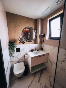 a bathroom with a sink and a toilet and a mirror at Resto Inn - Smart apartamenty blisko Energylandii in Po”łwieś