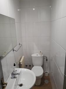 La salle de bains blanche est pourvue de toilettes et d'un lavabo. dans l'établissement CASA MARUXA pensión, à Pontevedra