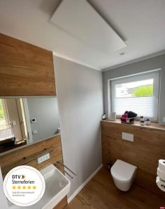 Un baño con inodoro, lavabo y ventana. en Weinberg Holiday Idyllische Ruhe, nahe den Weinbergen, en Traben-Trarbach