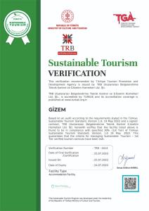a permit for a sustainable tourism verification document at Gizem Pansiyon in Canakkale