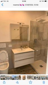 bagno con lavandino, servizi igienici e specchio di argentario home a Porto Santo Stefano
