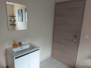 a bathroom with a sink and a wooden door at La Clé du Circuit Spa-Francorchamps in Stavelot