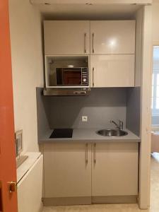 a kitchen with a sink and a microwave at Studio cosy Cours Mirabeau au cœur d'Aix-en-Provence in Aix-en-Provence