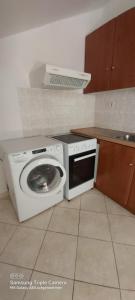 a kitchen with a washing machine and a stove at Johanna Sea View Apartment in Lixouri