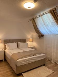 Schlafzimmer mit einem großen Bett und einem Fenster in der Unterkunft Silvan Villa - Apart in Sighişoara