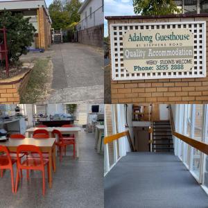 três fotos de um restaurante com mesas e cadeiras em Adalong Student Guest House em Brisbane