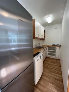 La cuisine est équipée de placards blancs et d'un réfrigérateur en acier inoxydable. dans l'établissement Cozy apartment in Seydisfjordur, à Seyðisfjörður