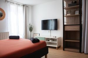1 dormitorio con 1 cama y TV de pantalla plana en Studio cosy en plein cœur historique de Pontoise, en Pontoise