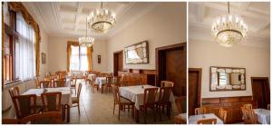 uma sala de jantar com mesas, cadeiras e lustres em Smolenický zámok em Smolenice